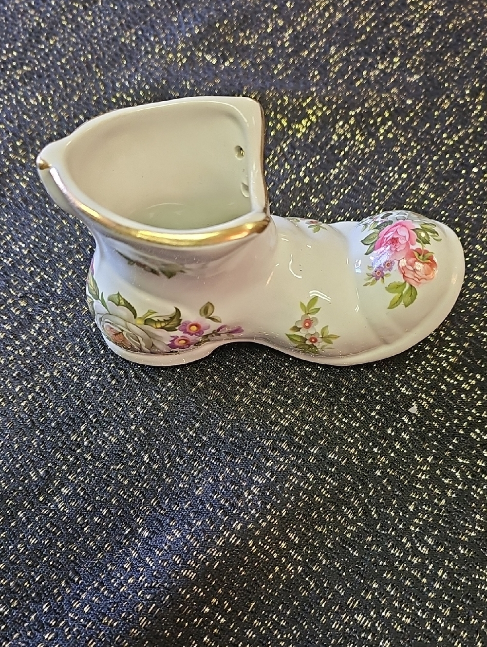Floral Porcelain Boot Vase with Gold Trim - White
